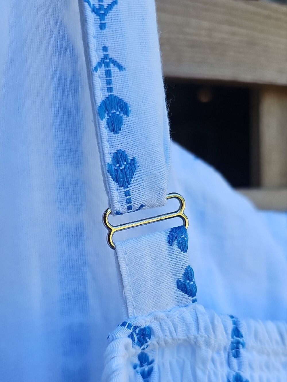 White Dress With Light Blue Stripes Embroidered Button-Front Midi Dress - Picture 10 of 14